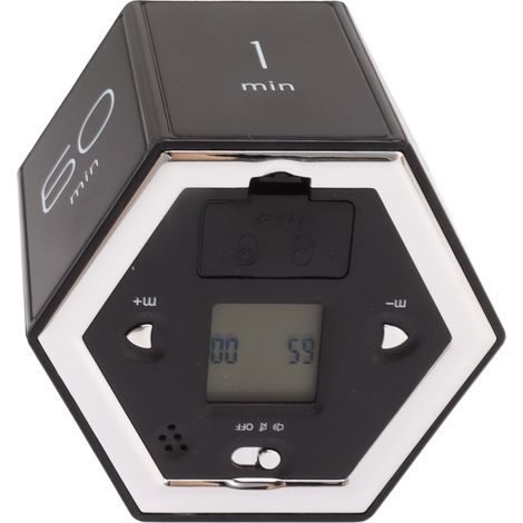 Minuteur hexagonal à bascule avec alarme silencieuse, minuteur magnétique cubique avec écran LCD pour la cuisine, les études et le travail (noir). (1/5)