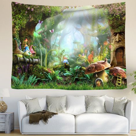 Tapisserie Murale Forêt Tenture Murale Nature Tissu Mural Printemps Champignons,Conte de fées pour Enfants Chambre Salon Dortoir Murale Décoration,Fond Anniversaire,150x100cm (1/5)