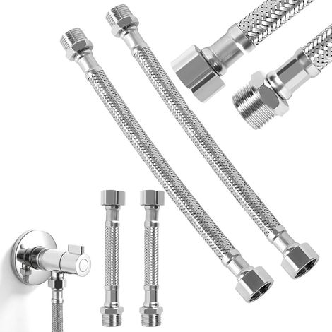 Lot de 4 tuyaux flexibles de 3/8" en acier inoxydable 304 - Rallonge pour robinet et valve d'angle - Pour salle de bain, WC et cuisine - 10 cm/20 cm (1/5)