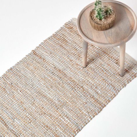 HOMESCAPES Madras Leather Hemp Rug Natural, 66 x 200 cm