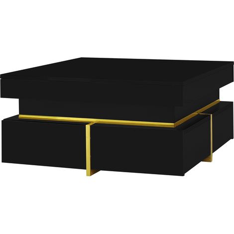 Table basse noire laquée avec rangements et accents dorés 70x70 cm (1/5)