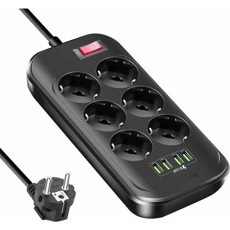 Multiprise avec 6 Prises et 4 USB 3,4A Maximum, Prise Multi avec Interrupteur, Câble de 2m, Parasurtenseur Parafoudre et Surtension pour Smartphone Tablette, à la Maison et au Bureau 2500W / 10A (1/5)