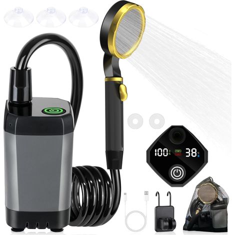 Ducha de camping portátil de 7800 mAh, bomba recargable con pantalla digital LED inteligente, boquilla para cabezal de ducha de camping. (1/5)