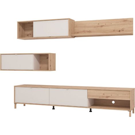 Pared Modular Alunzio, Mueble Salón 5 Estantes, un Cajón, Ajustable, 234x40x178h cm Blanco Crema