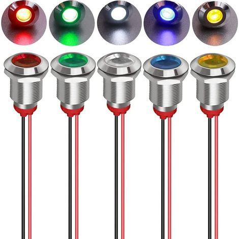 5 unidades de indicadores LED metálicos de 12 mm y 12/24 V CC - Luz de señalización impermeable, lámpara piloto direccional para tablero con cable (1/5)