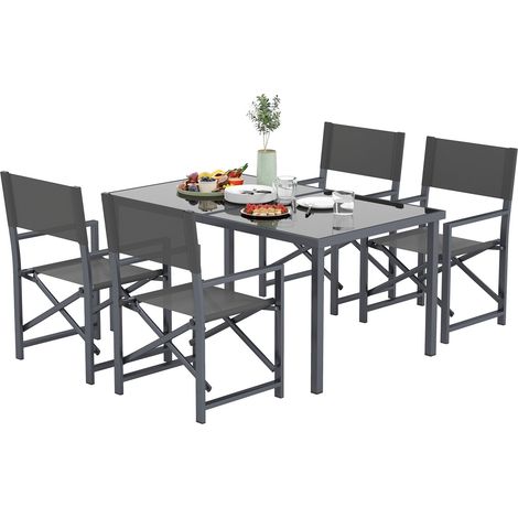 Sitzgruppe 5-teilig Essgruppe Stahl für 4 Personen Esstisch mit 4 klappbar Stühlen Esszimmergruppe mit Glastisch Küchentisch-Set Balkonmöbel Gartenmöbel für Terrasse, Balkon Grau