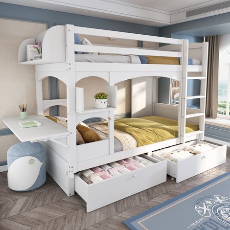Letto a Castello 90x200 cm con Struttura in Legno Massello Bianco (1/5)