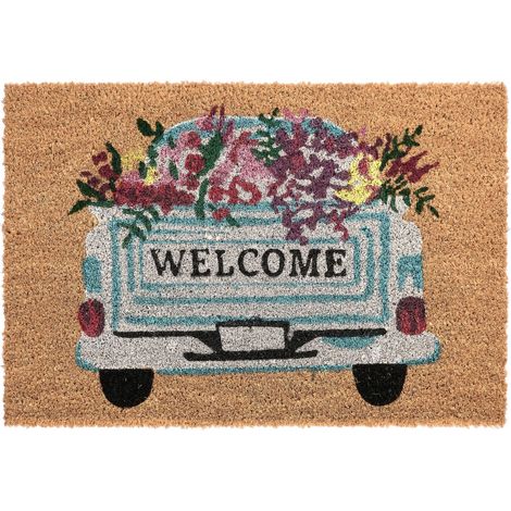 Paillasson en Fibre de Coco 60 x 90 cm Antidérapant Dessous en PVC Motif Retro Naturel Cabiao (1/5)