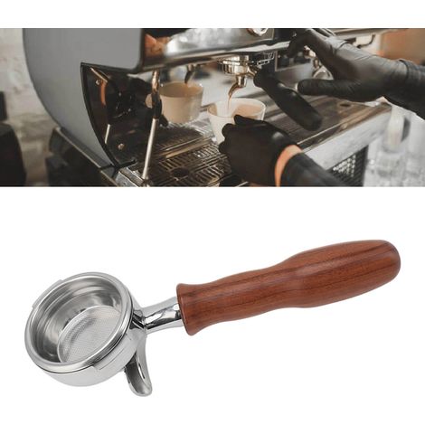 Portafiltro de madera Nuova para máquinas de café: portafiltro de acero inoxidable de 58 mm con doble boquilla, cesta de filtro extraíble y dos soportes. (1/5)