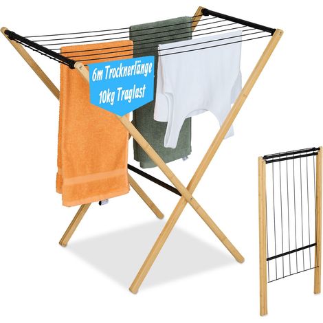 Relaxdays folding laundry rack, 8 rods, HxWxD: 77 x 79 x 49 cm, bamboo, metal, freestanding dryer, natural/black