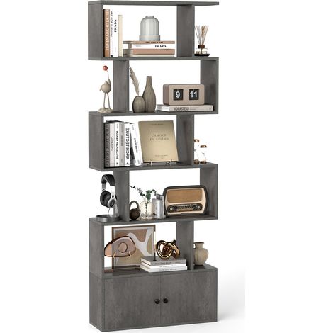 COSTWAY 6-Tier Bookshelf with Cabinet Anti-Tipping Device Tall Storage Shelf Grey (1/5)
