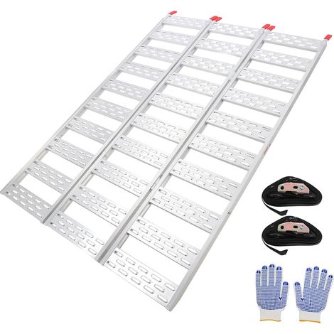 Rampe de chargement tri-pliable en aluminium – Antidérapante et résistante à la rouille – Capacité 680 kg – Avec sangles de sécurité – Idéale pour moto, quad, UTV, camion, remorque, voiture – Taille : (1/5)