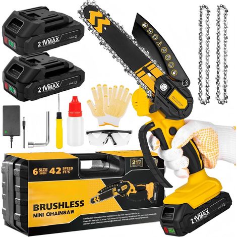 Mini Tronçonneuse à Batterie 6 Pouces, Tronçonneuse sur batterie avec moteur sans balais de 1000 W,Tronçonneuse Électrique Livré avec 2 batteries et 2 chaînes,Idéale pour coupe du bois et jardinage. (1/5)