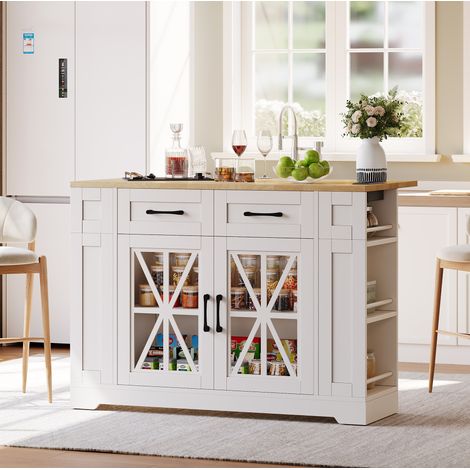 MEUBLIV Îlot de cuisine 120 cm blanc et naturel – plan de travail pliant, rangements (1/5)