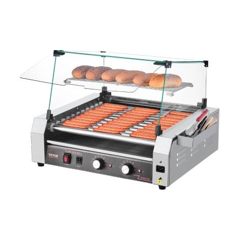 Parrilla de Acero Inoxidable para Salchichas, 2200 W con Control de Temperatura Dual, Cubierta, Caja Almacenamiento Lateral, Estante Extraíble y Bandeja para Goteo de Aceite, 5 r/min, Plata (1/5)