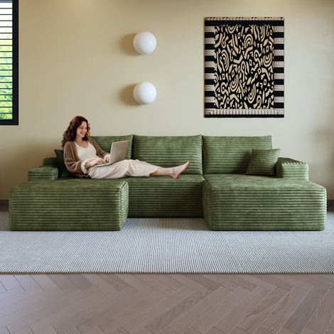 Canapé d'angle modulaire indéchirable de 270 cm avec méridienne en L, canapé moderne à assise profonde, livré monté, canapé compressible pour salon, chambre, appartement, vert (1/5)