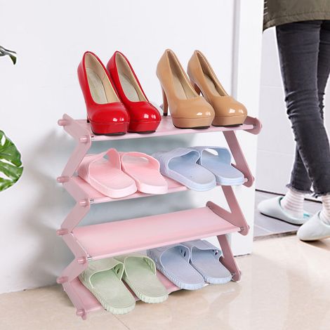 Étagère à chaussures à 4 niveaux en acier inoxydable pour la maison, support de rangement (rose clair) (1/5)