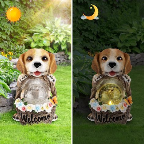 Statue Chien - Ornement de Jardin Solaire avec Boule en Verre Craquelé - Décoration Extérieure LED - Résine Résistante aux Intempéries - 1 Pièce (1/5)