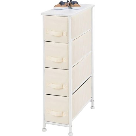 Kommode mit 4 Schubladen – Vertikale Kommode aus MDF-Holzplatten für Schlafzimmer, Wohnzimmer oder Flur – Kleiderschrank aus Metall und Stoff – Creme/Weiß (1/4)