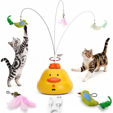 Canne à pêche pour chat en plumes (12 pièces) - Garniture en plumes - Jeu de plumes interactif - Comprend 1 bâtonnet et 2 décorations suspendues de rechange - Jaune (1/5)