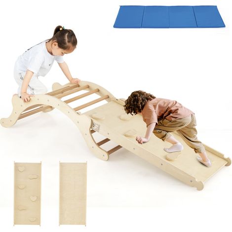 COSTWAY 3-In-1 Wooden Climber Toddler Climber Arch Indoor w/Ramp Natural