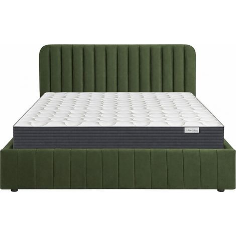 Ensemble Lit coffre adulte 140x190cm avec tête de lit en velours vert kaki - Ava + Matelas mémoire de forme - Memo HR (1/5)