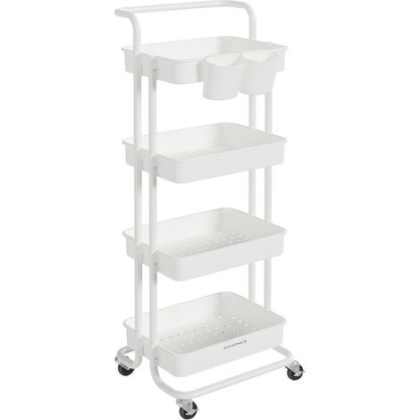 Chariot de Rangement, 4 Niveaux, Desserte sur roulettes, Étagère, Poignée, 2 Pots, 2 Freins, Paniers en Plastique, Montage Facile, Chambre, Cuisine, Blanc (1/5)