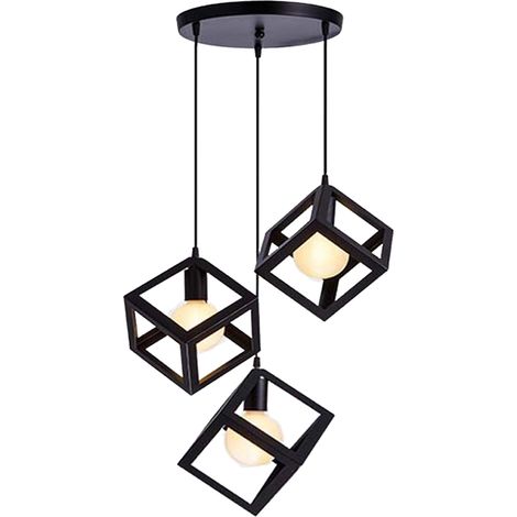 Lámpara Colgante, 3 Luces Vintage Lámparas de Techo con Jaula Cube, Iluminación Creativo Decorativo E27 para Pasillo Porche Dormitorio Sala Cafetería Bar (Negro) (1/4)