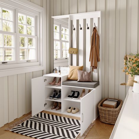 BSMGSGN-Vestiaire d'Entrée Intelligent 6 en 1 - Banc à Chaussures avec Miroir, Porte-Manteau à 4 Crochets, Tiroir de Rangement et Cousin Amovible - Meuble d'Hall Multifonction Blanc Moderne (1/5)