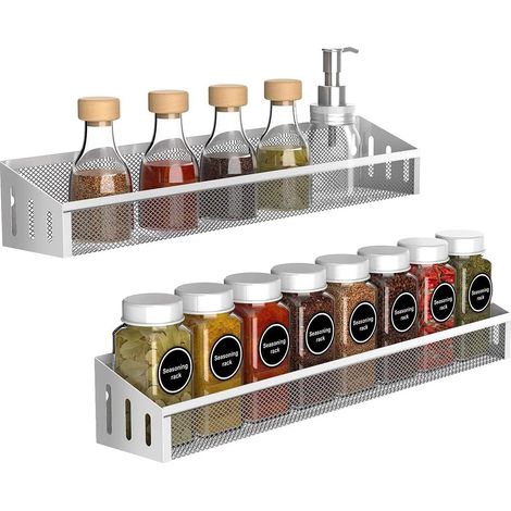 Porte-épices en métal Support de rangement mural à épices Étagère de cuisine longue pour réfrigérateur, armoire de cuisine, porte d'armoire, 40 x 6,85 x 6 cm, argent(2 pièces) (1/5)