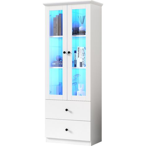 Vitrine LED moderne blanche mate de 165 cm de haut avec port USB, télécommande 16 couleurs, vitrine en verre avec 2 tiroirs, vitrine verticale avec étagères réglables, portes battantes, MDF pour salon (1/5)