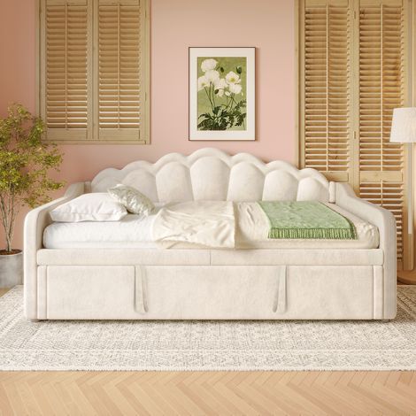 Canapé-lit escamotable avec lit tirant, banquette convertible 1 place (sans matelas), lit double 180x200cm, velours beige, bandeau LED multicolore, 90x200cm (1/5)