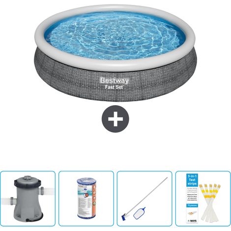 Piscine gonflable ronde Bestway à réglage rapide - Imprimé rotin - 366 x 76 cm -  Comprend des Accessoires CB58 (1/4)