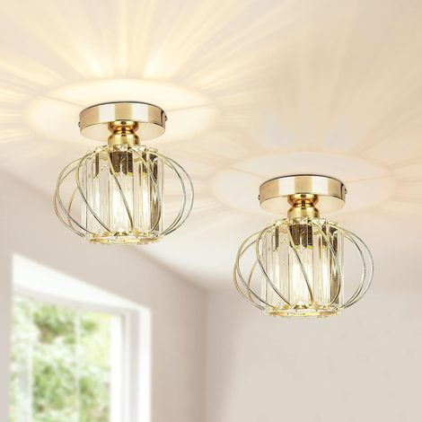 Lot de 2 luminaires de plafond à cristaux, lustre plafonnier cage et cristal e27 led pour cuisine couloir salles à manger salons bar (Gold) (1/5)