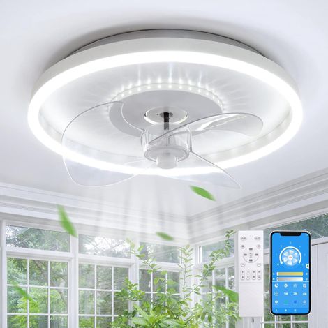 Plafond Ventilateur avec Éclairage, LED Dimmable Plafonnier avec Ventilateur et Télécommande APP 6 Vitesses, 32W Blanc Rond Silencieux Plafond Ventilateur avec Lampe pour Chambre Salon, 40cm (1/5)