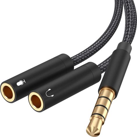 Adaptateur Micro Casque, Câble Audio Splitter Jack 3.5mm Mâle à Double 3.5mm Femelle Micro Casque Câble Plaqué Or Compatible avec iPod, Téléphone, Portables, Xbox One, PS4, PC,35cm (1/5)