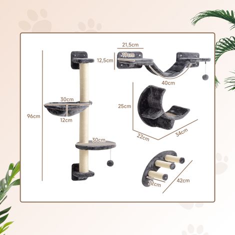 Mur d'escalade pour chat, ensemble 4 pièces avec hamac et pont pour chat, convient aux chats jusqu'à 5 kg, gris foncé (1/5)