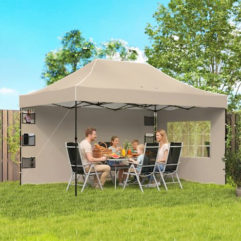 Tonnelle pliante avec parois latérales et fenêtres. 2,9 x 4,3 m. Structure en métal et toile Oxford. Coloris sable.