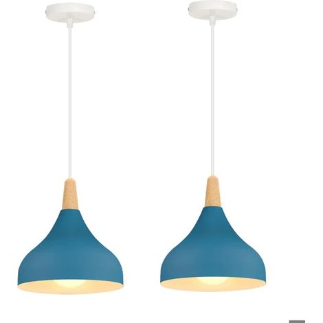 Lot de 2 Lustre Moderne 20cm,E27 Lampe de Plafond Vintage Abat-jour en Metal Bois Style Goutte Chapeau Retro Luminaire,Bleu (1/5)