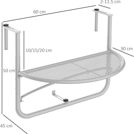 Tablette suspendue pour balcon réglable en hauteur, demi-cercle Ø30 cm, terrasse jardin, métal blanc, dimensions 60x45x50 cm (1/5)