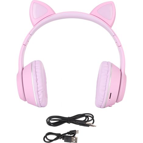 Casque Bluetooth HiFi Oreilles de Chat Micro Intégré Prise En Charge Carte Mémoire Entrée Ligne Sans Fil Lumière LED Violet (1/5)