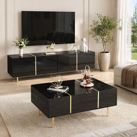 Mueble TV y mesa de centro 170x35x46 cm de MDF negro brillante, con almacenaje FloraGrace (1/5)