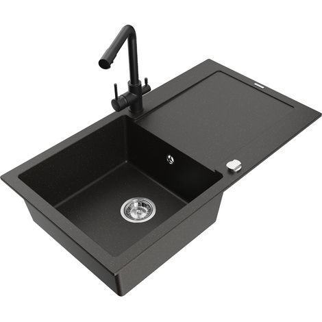Mexen Leo lavello in granito con una vasca e scolapiatti e miscelatore cucina Duero, nero/oro metallizzato - 6501-75-671600-70 (1/5)