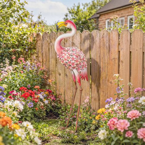 Statue de Jardin Flamant Rose. Sculpture d'Oiseau en Métal avec Plumes Florales. 28 x 19 x 83 cm. Rouge