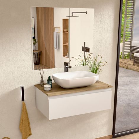 BELLOBATH – Hängender Badezimmerschrank mit Keramikwaschbecken und Spiegel, Badezimmerschrank mit 1 Schublade, 60 x 27 x 45 cm, weißer Schrank und Eichenholzplatte