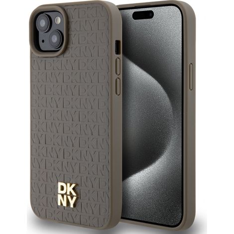 Hülle für iPhone 15 dkny Hartschalenkoffer mit Ledermuster, MagSafe, Braun (1/5)