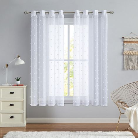 137 cm de large x 137 cm de long, blanc, 2 panneaux Rideaux transparents pour chambre à coucher salon, à pompons, rideaux décoratifs à œillets fi (1/5)