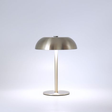 Lampe de bureau portable LED en forme de champignon, 21,5 cm de long, en métal, petite lampe de bureau sans fil, batterie rechargeable intégrée de 1800 mAh, design étagé, argentée. (1/4)