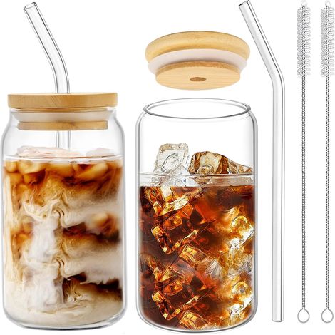 Lot de 2 Gobelets en Verre Forme Canette - 400 ml - Avec Couvercle Bambou et Paille - Réutilisables (1/5)