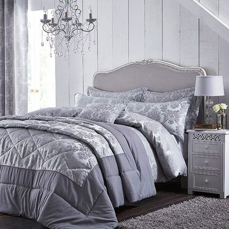 Catherine Lansfield Damask Jacquard Double Duvet Set, Silver
